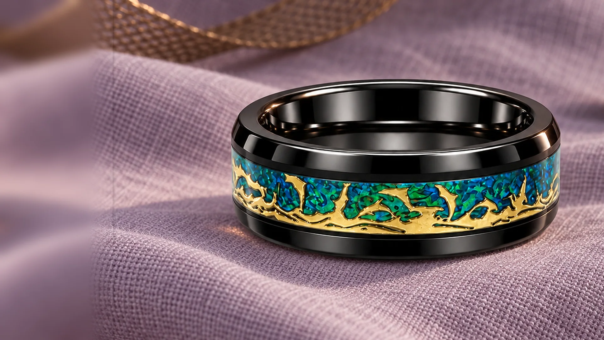 Black tungsten ring with gold and jade-green etched inlay on velvet