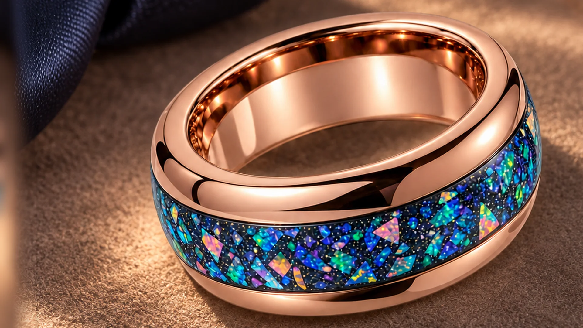 Rose gold tungsten ring with blue opal inlay on sand