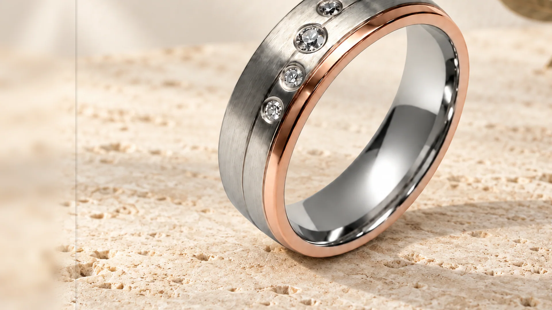 Titanium ring with diamond channel setting on a linen tray