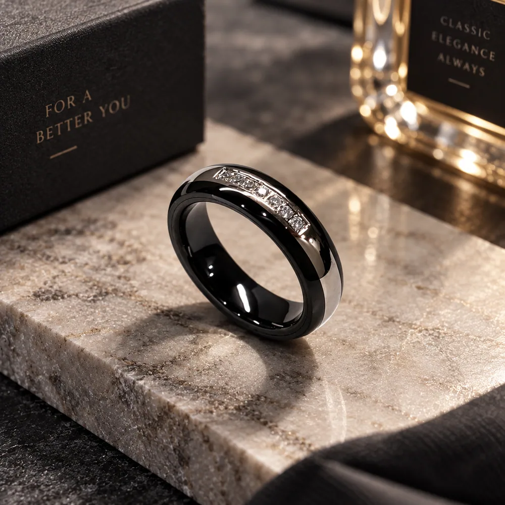 Seven-Stone Diamond Tungsten Band · Black
