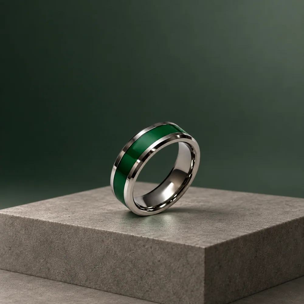 Green Resin Inlay Tungsten Band · Silver