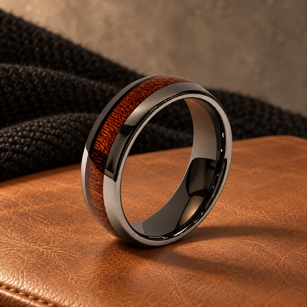 Acacia Wood Inlay Tungsten Band · Silver