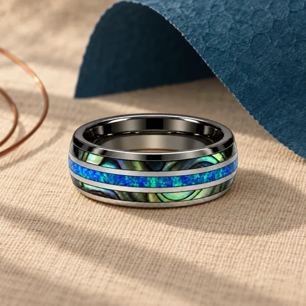 Opal & Mother-of-Pearl Inlay Tungsten Band · Silver, BG040