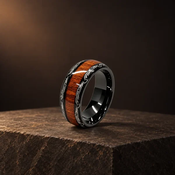Acacia Wood Inlay Tungsten Band · Black, BG002