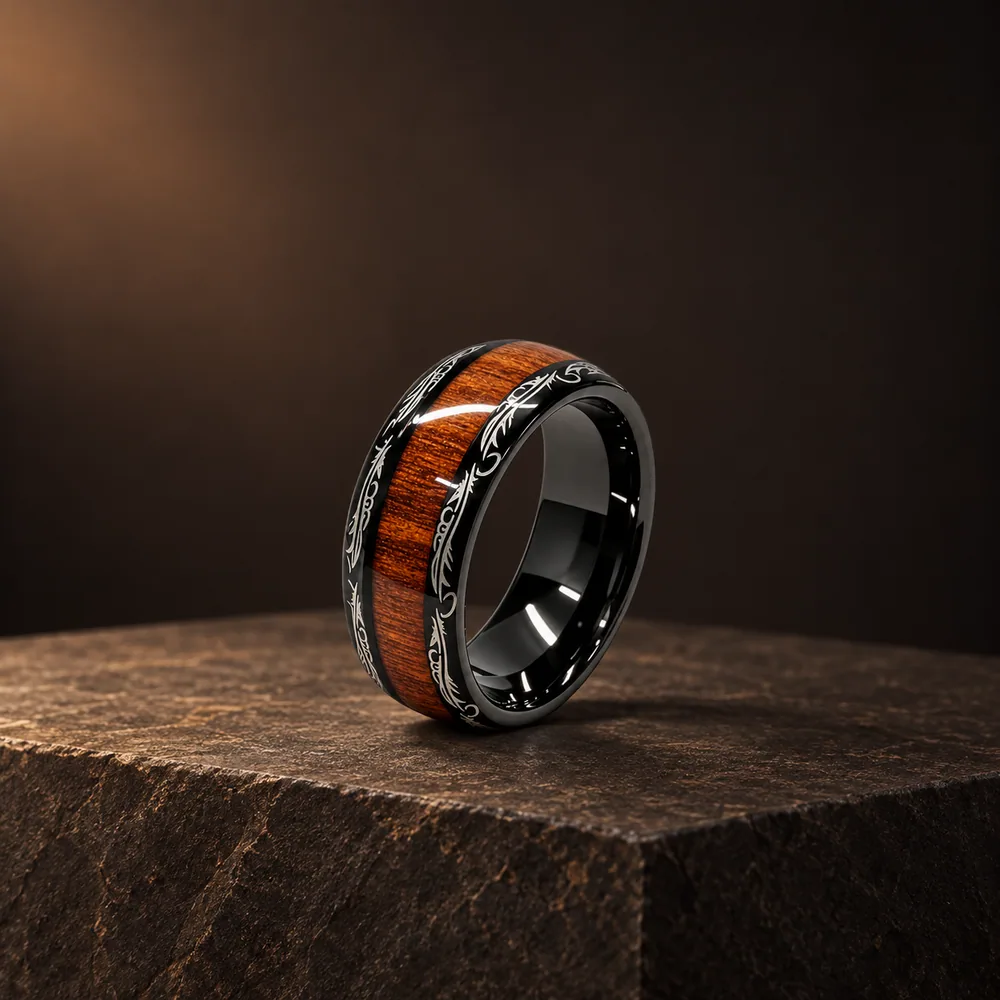 Acacia Wood Inlay Tungsten Band · Black